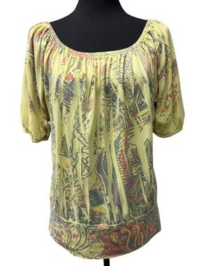 MCM Bohemian Peasant Blouse Women’s Large L Yellow Tropical Print Scoop Neck Top